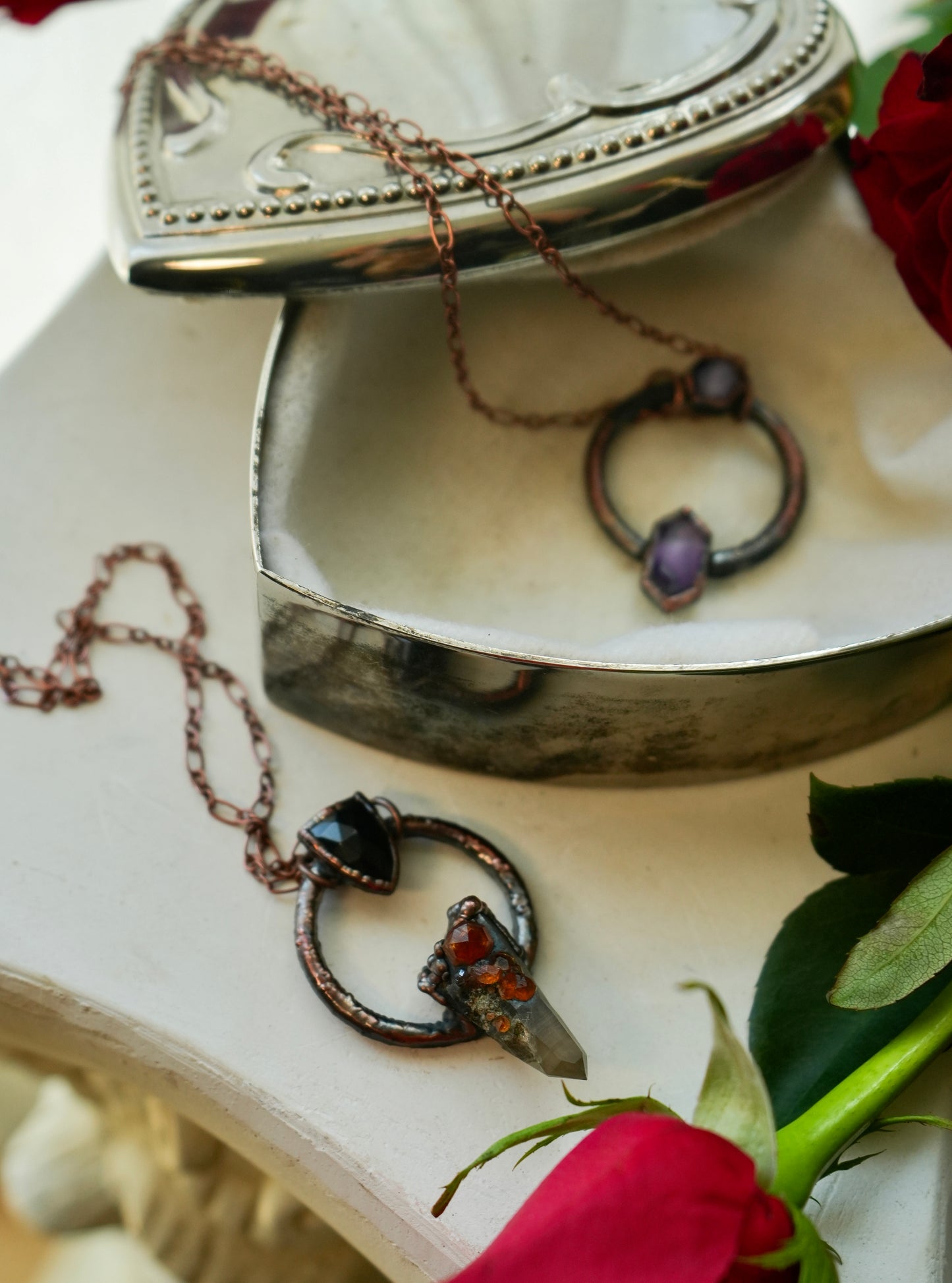 Spessartine Garnet, Smokey quartz, Black Obsidian Electroformed Pendant