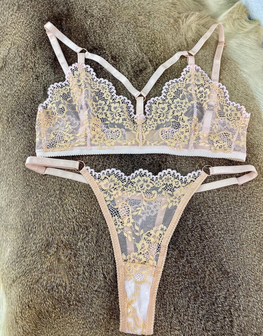 Medium Peachy Floral French Lace Caged Bra Set