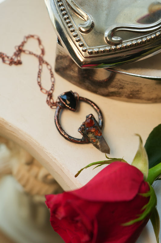 Spessartine Garnet, Smokey quartz, Black Obsidian Electroformed Pendant