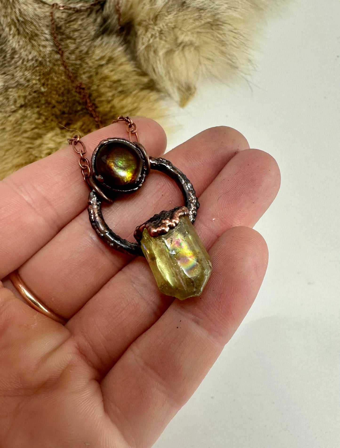 Golden Apatite & Fire Agate Electroformed Pendant